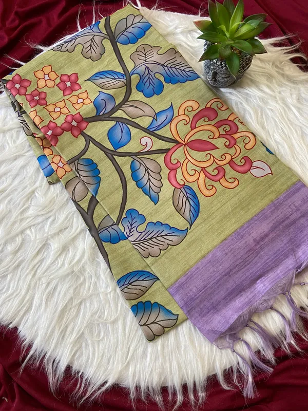 Soft_Tussar_Silk_sarees_with_Beautiful_Digital_Print_With_Attractive_Border_And_Contrast_Print_Blouse_With_Tassels