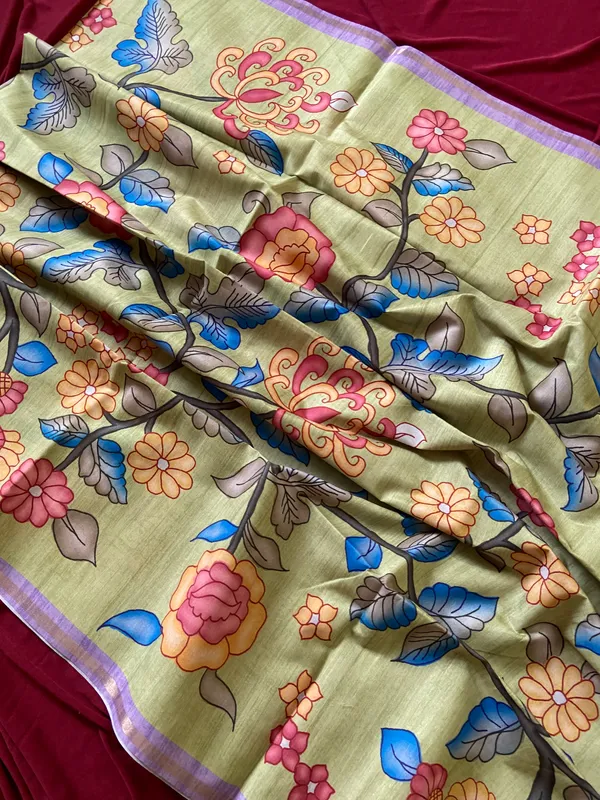 Soft_Tussar_Silk_sarees_with_Beautiful_Digital_Print_With_Attractive_Border_And_Contrast_Print_Blouse_With_Tassels