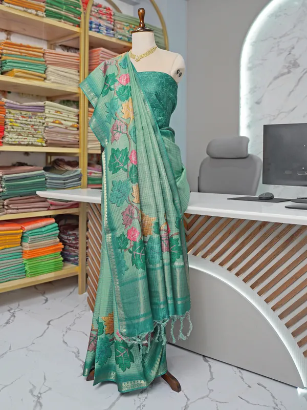 Soft_Tussar_Silk_sarees_with_Beautiful_Digital_Print_With_Attractive_Checks_Design_Saree_And_Digital_Print_Blouse_With_Tassels