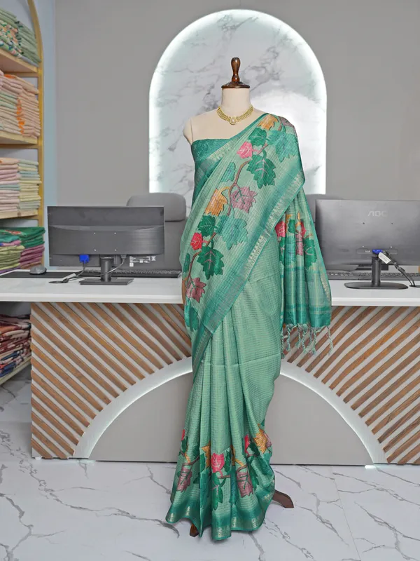 Soft_Tussar_Silk_sarees_with_Beautiful_Digital_Print_With_Attractive_Checks_Design_Saree_And_Digital_Print_Blouse_With_Tassels