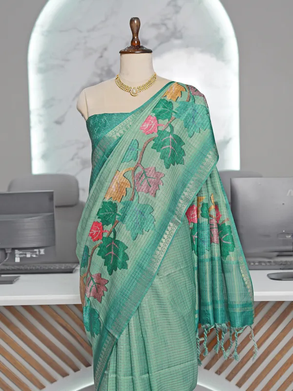 Soft_Tussar_Silk_sarees_with_Beautiful_Digital_Print_With_Attractive_Checks_Design_Saree_And_Digital_Print_Blouse_With_Tassels