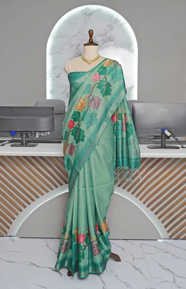 Soft_Tussar_Silk_sarees_with_Beautiful_Digital_Print_With_Attractive_Checks_Design_Saree_And_Digital_Print_Blouse_With_Tassels