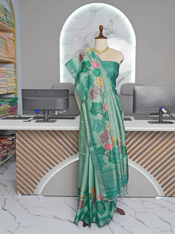 Soft_Tussar_Silk_sarees_with_Beautiful_Digital_Print_With_Attractive_Checks_Design_Saree_And_Digital_Print_Blouse_With_Tassels