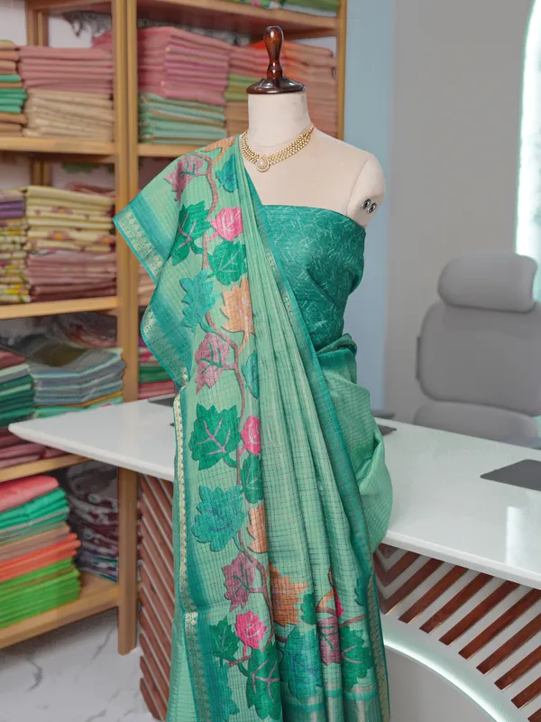 Soft_Tussar_Silk_sarees_with_Beautiful_Digital_Print_With_Attractive_Checks_Design_Saree_And_Digital_Print_Blouse_With_Tassels