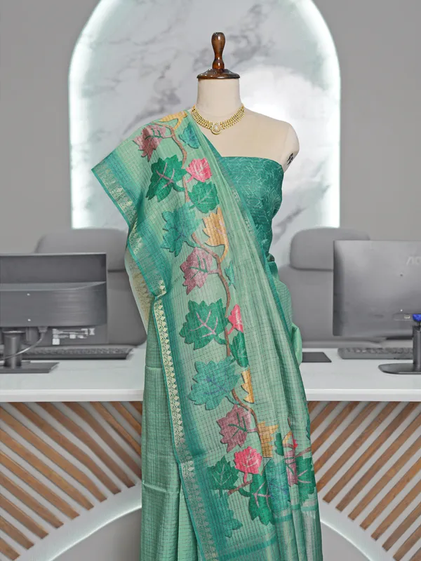 Soft_Tussar_Silk_sarees_with_Beautiful_Digital_Print_With_Attractive_Checks_Design_Saree_And_Digital_Print_Blouse_With_Tassels