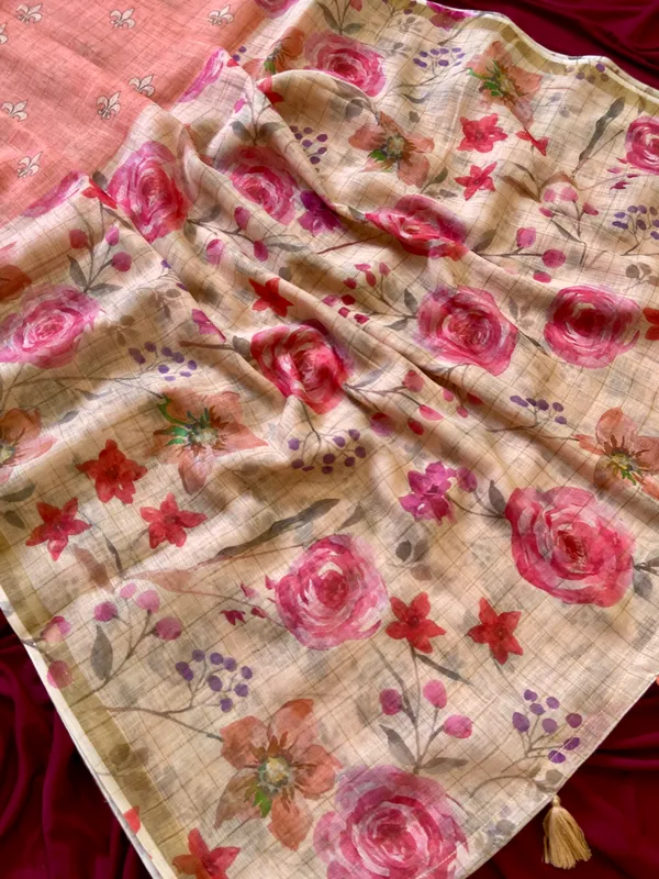 Kumud_Orange_–_Water_Lily_Aesthetic_Edit_for_You_|_Soft_Premium_Linen_Saree_with_Print,_Checks_Design_Saree,_Gold_Zari_Border_&_Print_Blouse