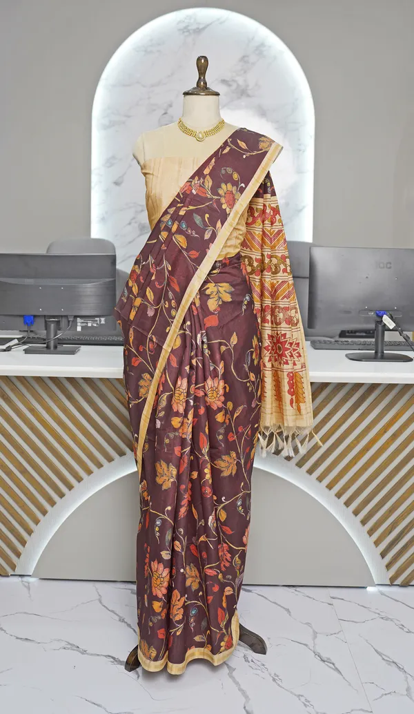 Soft_Tussar_Silk_sarees_with_Beautiful_Digital_Print_With_Attractive_Border_And_Contrast_Print_Blouse_With_Tassels