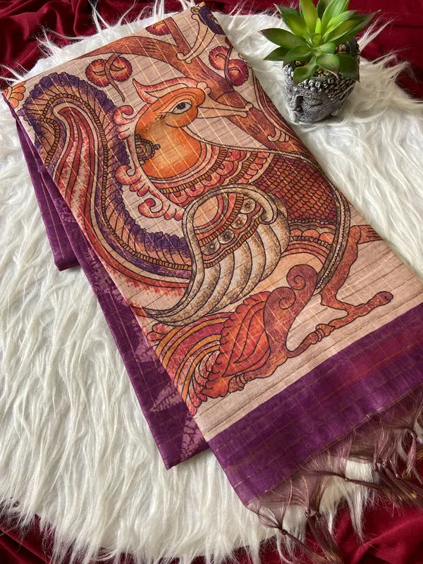 Soft_Semi_Tussar_Silk_sarees_with_Beautiful_Digital_Print_With_Attractive_Border_And_Contrast_Print_Blouse_With_Tassels