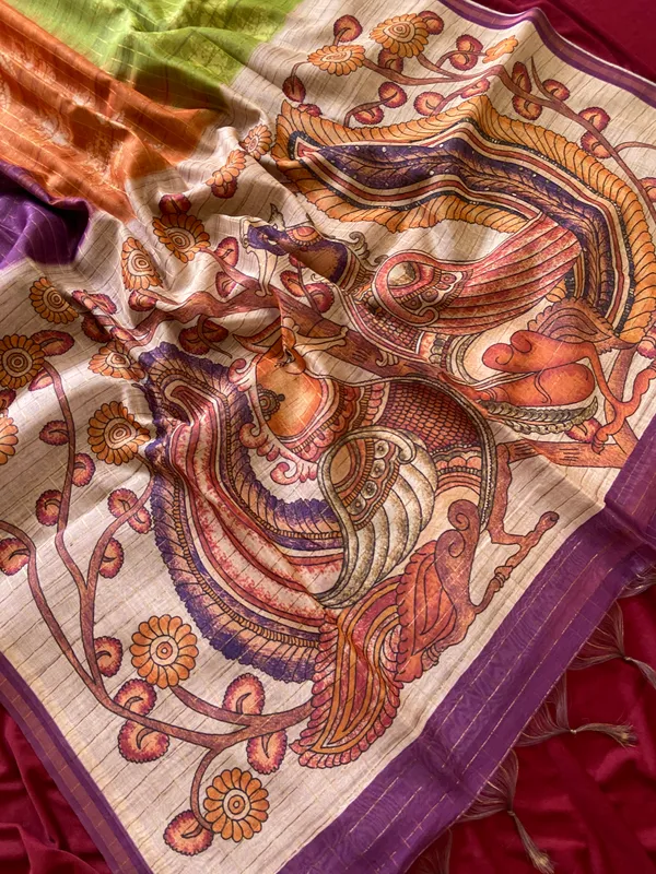 Soft_Semi_Tussar_Silk_sarees_with_Beautiful_Digital_Print_With_Attractive_Border_And_Contrast_Print_Blouse_With_Tassels