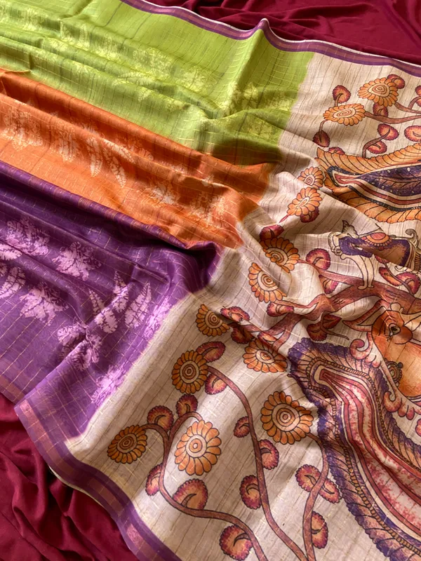 Soft_Semi_Tussar_Silk_sarees_with_Beautiful_Digital_Print_With_Attractive_Border_And_Contrast_Print_Blouse_With_Tassels