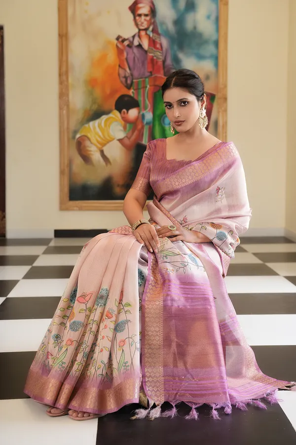 Soft_Tissue_Silk_sarees_with_Beautiful_Digital_Print_With_Attractive_Border_&_Rich_Pallu_With_Sequence_And_Contrast_Print_Blouse_With_Tassels