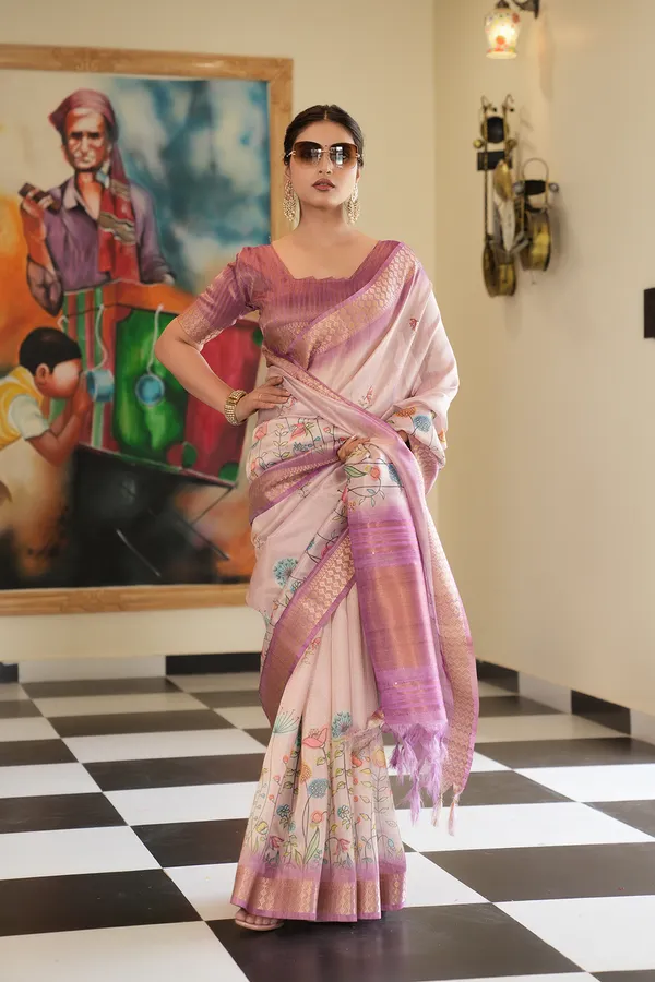 Soft_Tissue_Silk_sarees_with_Beautiful_Digital_Print_With_Attractive_Border_&_Rich_Pallu_With_Sequence_And_Contrast_Print_Blouse_With_Tassels
