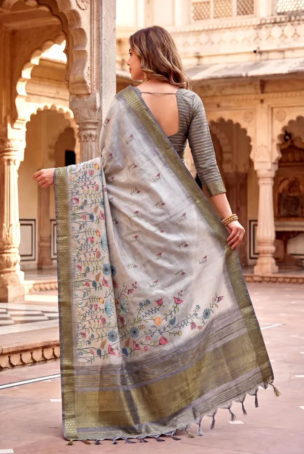 Aarohi_2_Grey_–_Rising_Diwali_Special_|_Soft_Tissue_Silk_Saree_with_Digital_Print,_Border_&_Rich_Pallu,_Sequence_&_Contrast_Print_Blouse_with_Tassels