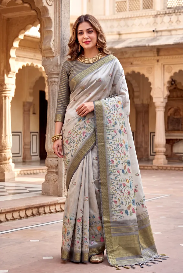 Aarohi_2_Grey_–_Rising_Diwali_Special_|_Soft_Tissue_Silk_Saree_with_Digital_Print,_Border_&_Rich_Pallu,_Sequence_&_Contrast_Print_Blouse_with_Tassels