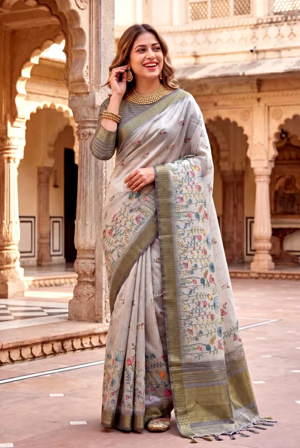 Aarohi_2_Grey_–_Rising_Diwali_Special_|_Soft_Tissue_Silk_Saree_with_Digital_Print,_Border_&_Rich_Pallu,_Sequence_&_Contrast_Print_Blouse_with_Tassels