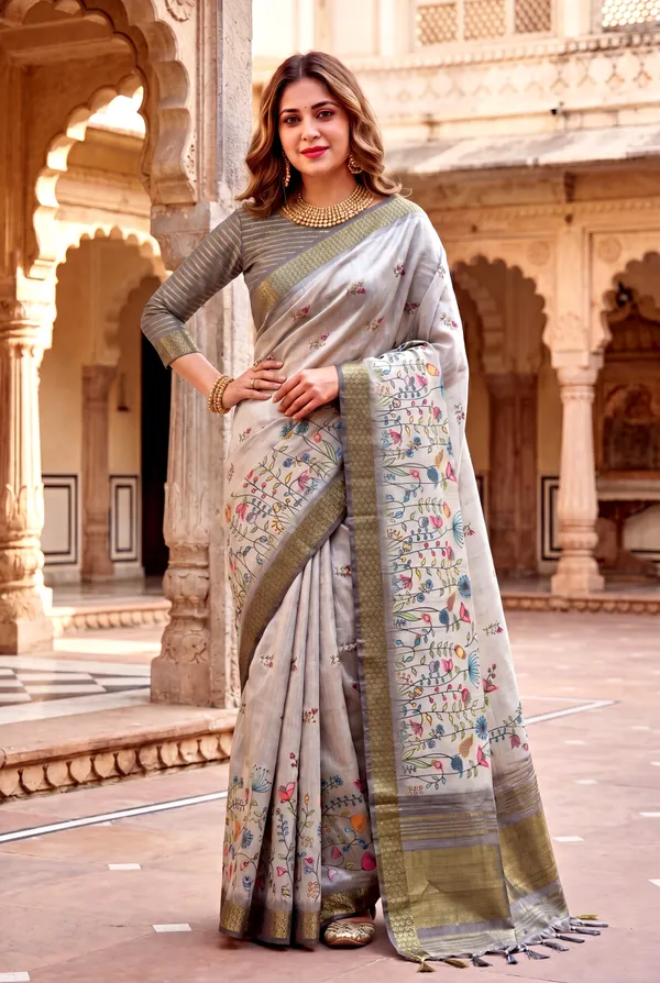 Aarohi_2_Grey_–_Rising_Diwali_Special_|_Soft_Tissue_Silk_Saree_with_Digital_Print,_Border_&_Rich_Pallu,_Sequence_&_Contrast_Print_Blouse_with_Tassels