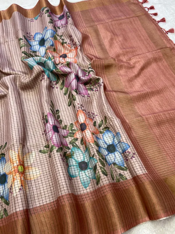 Harshita_Orange_–_Joyful_Aesthetic_Edit_for_You_|_Soft_Tussar_Silk_Saree_with_Digital_Print,_Checks_Design_Saree_&_Digital_Print_Blouse_with_Tassels