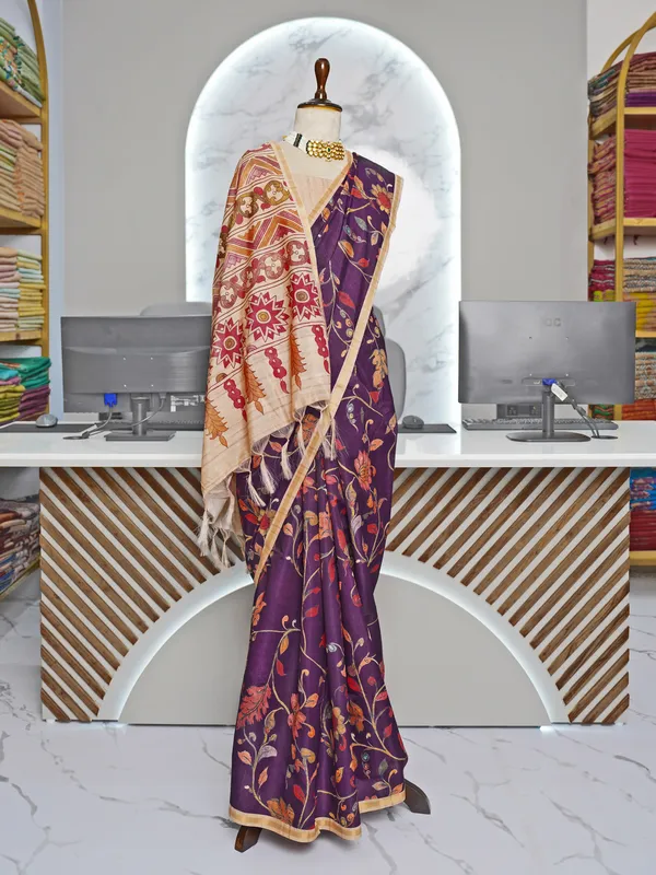 Soft_Tussar_Silk_sarees_with_Beautiful_Digital_Print_With_Attractive_Border_And_Contrast_Print_Blouse_With_Tassels