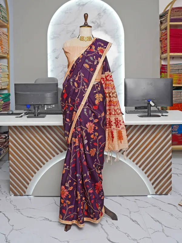 Soft_Tussar_Silk_sarees_with_Beautiful_Digital_Print_With_Attractive_Border_And_Contrast_Print_Blouse_With_Tassels