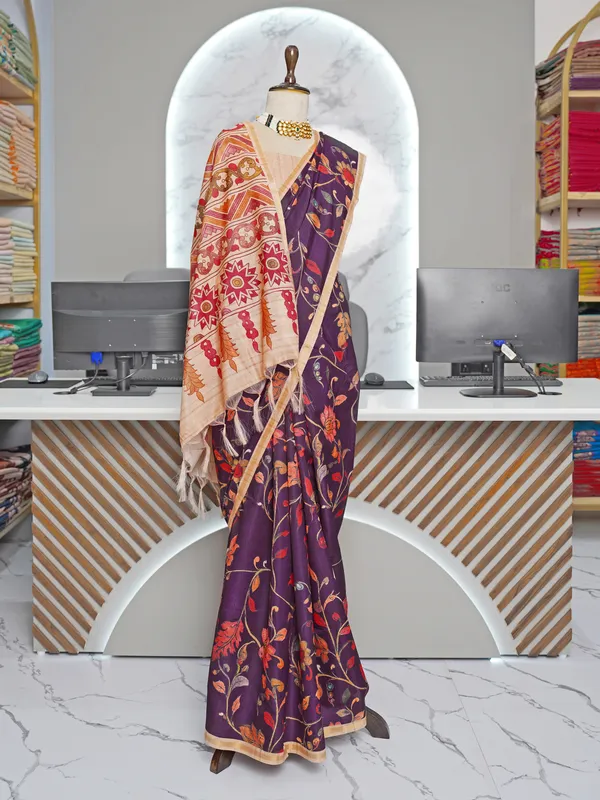 Soft_Tussar_Silk_sarees_with_Beautiful_Digital_Print_With_Attractive_Border_And_Contrast_Print_Blouse_With_Tassels