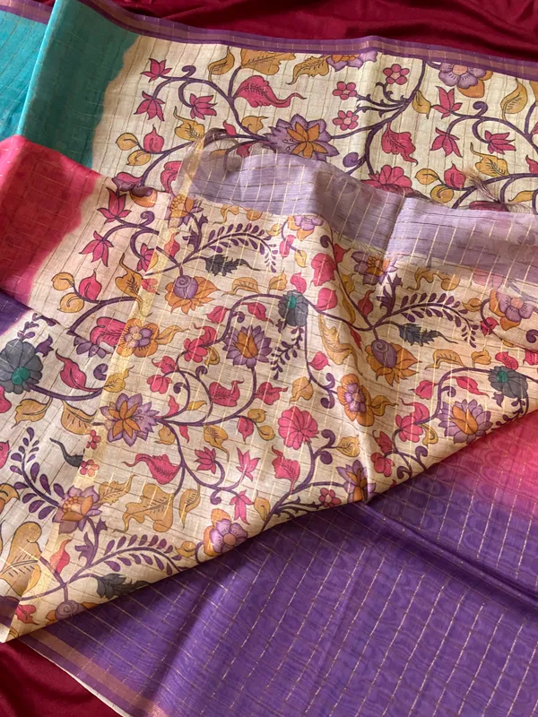 Soft_Semi_Tussar_Silk_sarees_with_Beautiful_Digital_Print_With_Attractive_Border_And_Contrast_Print_Blouse_With_Tassels