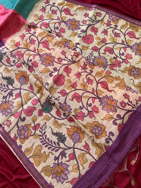 Soft_Semi_Tussar_Silk_sarees_with_Beautiful_Digital_Print_With_Attractive_Border_And_Contrast_Print_Blouse_With_Tassels