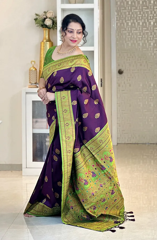 Premium_Soft_Paithani_Silk_sarees_With_Beautiful_Weaving_Pattern_With_Attractive_Rich_Pallu_And_Border_And_Weaving_Blouse_With_Tassels