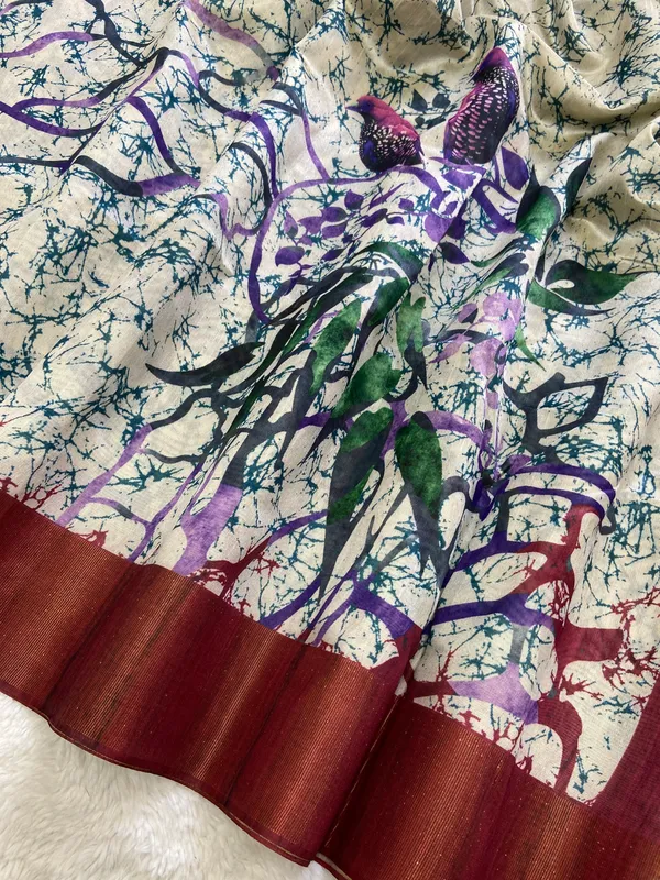 Shyla_Maroon_–_Diwali_Special_|_Soft_Tussar_Silk_Saree_with_Print,_Border_&_Contrast_Print_Blouse_with_Tassels
