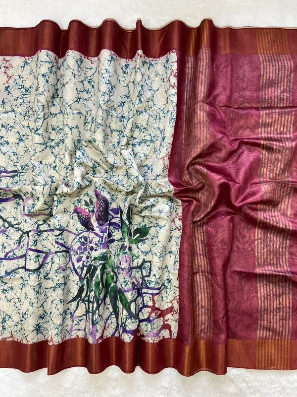 Shyla_Maroon_–_Diwali_Special_|_Soft_Tussar_Silk_Saree_with_Print,_Border_&_Contrast_Print_Blouse_with_Tassels
