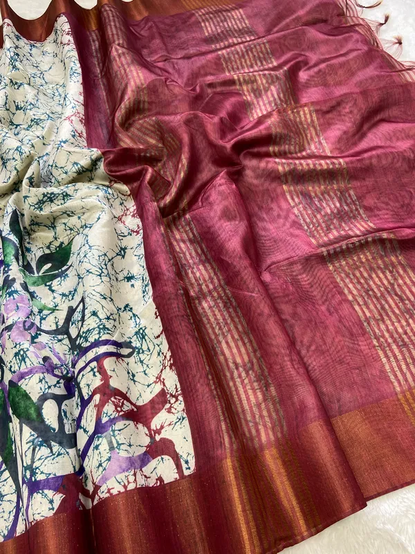 Shyla_Maroon_–_Diwali_Special_|_Soft_Tussar_Silk_Saree_with_Print,_Border_&_Contrast_Print_Blouse_with_Tassels