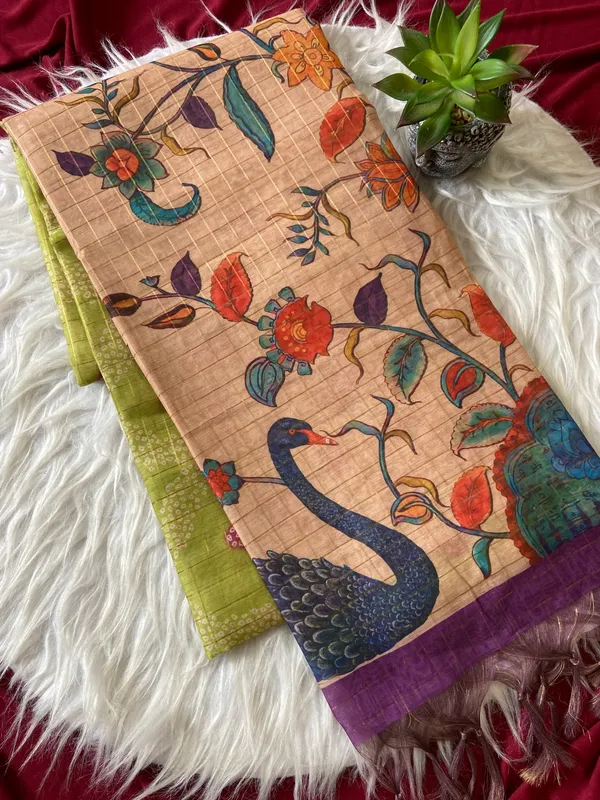 Soft_Semi_Tussar_Silk_sarees_with_Beautiful_Digital_Print_With_Attractive_Border_And_Contrast_Print_Blouse_With_Tassels