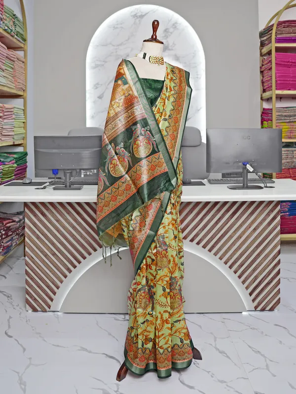 Soft_Tussar_Silk_sarees_with_Beautiful_Digital_Print_With_Attractive_Border_And_Contrast_Print_Blouse_With_Tassels