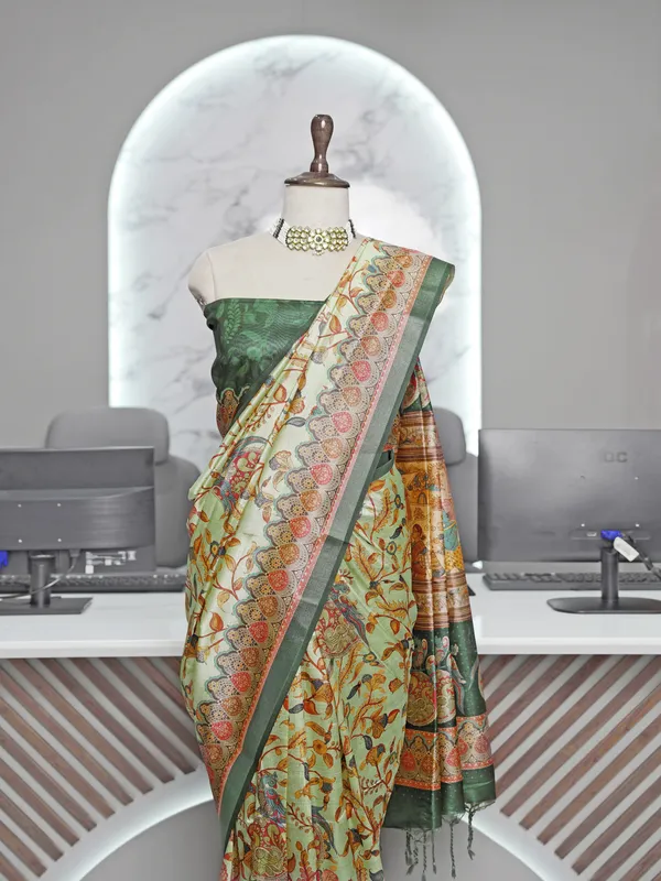 Soft_Tussar_Silk_sarees_with_Beautiful_Digital_Print_With_Attractive_Border_And_Contrast_Print_Blouse_With_Tassels
