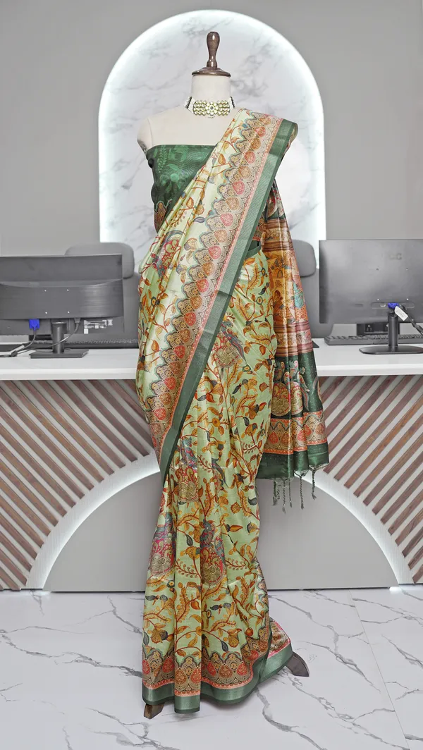 Soft_Tussar_Silk_sarees_with_Beautiful_Digital_Print_With_Attractive_Border_And_Contrast_Print_Blouse_With_Tassels