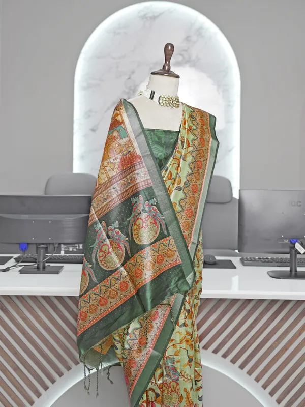 Soft_Tussar_Silk_sarees_with_Beautiful_Digital_Print_With_Attractive_Border_And_Contrast_Print_Blouse_With_Tassels