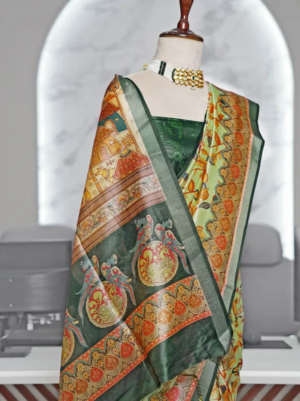 Soft_Tussar_Silk_sarees_with_Beautiful_Digital_Print_With_Attractive_Border_And_Contrast_Print_Blouse_With_Tassels