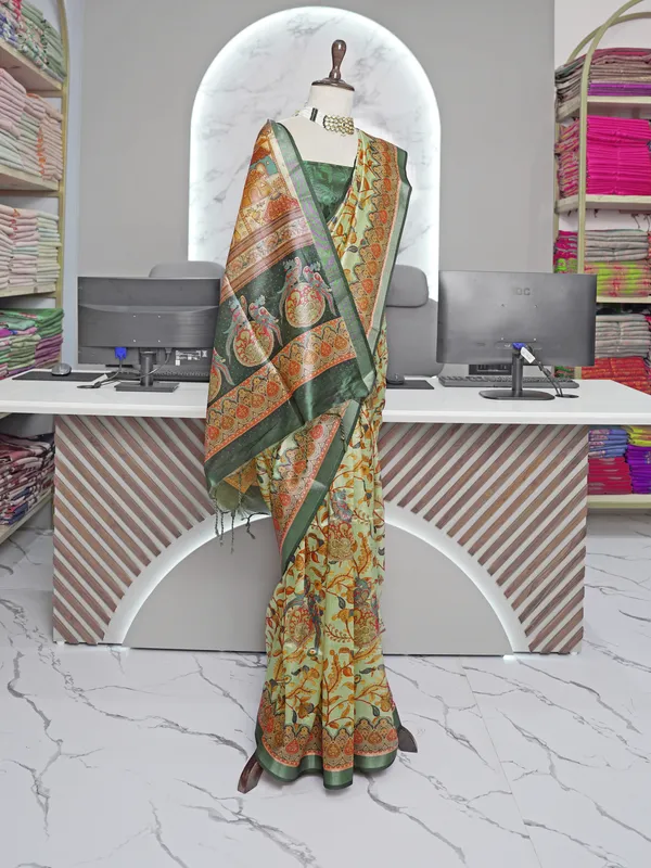 Soft_Tussar_Silk_sarees_with_Beautiful_Digital_Print_With_Attractive_Border_And_Contrast_Print_Blouse_With_Tassels