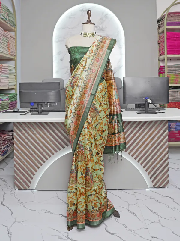 Soft_Tussar_Silk_sarees_with_Beautiful_Digital_Print_With_Attractive_Border_And_Contrast_Print_Blouse_With_Tassels