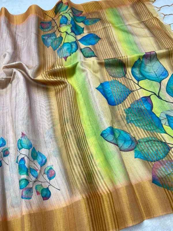 Divisha_Yellow_–_Diwali_Special_|_Soft_Tussar_Silk_Saree_with_Print,_Border_&_Contrast_Print_Blouse_with_Tassels