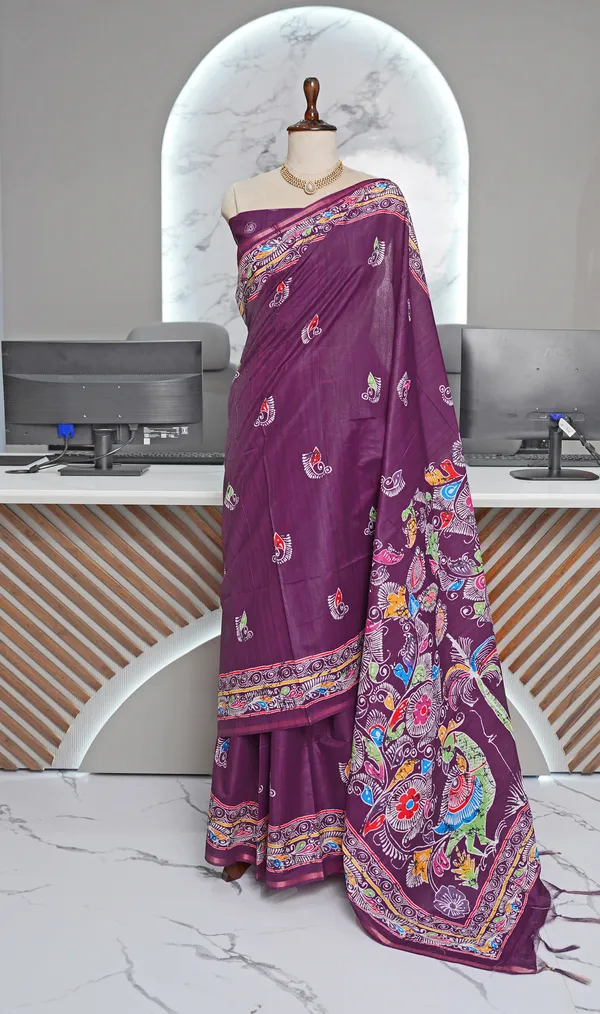 Soft_Tussar_Silk_sarees_with_Beautiful_Digital_Print_With_Attractive_Border_And_Contrast_Print_Blouse_With_Tassels