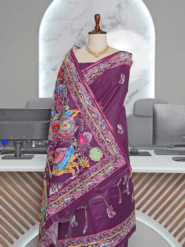 Soft_Tussar_Silk_sarees_with_Beautiful_Digital_Print_With_Attractive_Border_And_Contrast_Print_Blouse_With_Tassels
