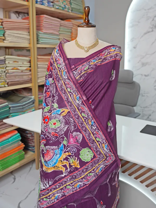 Soft_Tussar_Silk_sarees_with_Beautiful_Digital_Print_With_Attractive_Border_And_Contrast_Print_Blouse_With_Tassels