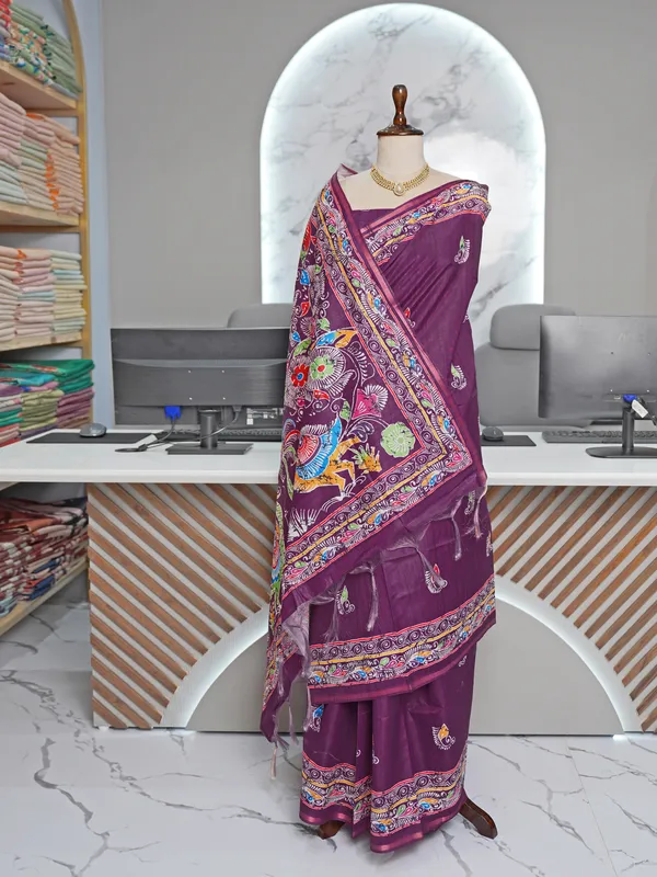 Soft_Tussar_Silk_sarees_with_Beautiful_Digital_Print_With_Attractive_Border_And_Contrast_Print_Blouse_With_Tassels