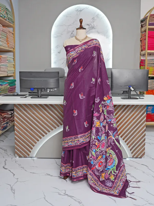 Soft_Tussar_Silk_sarees_with_Beautiful_Digital_Print_With_Attractive_Border_And_Contrast_Print_Blouse_With_Tassels