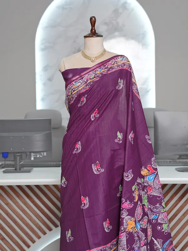 Soft_Tussar_Silk_sarees_with_Beautiful_Digital_Print_With_Attractive_Border_And_Contrast_Print_Blouse_With_Tassels
