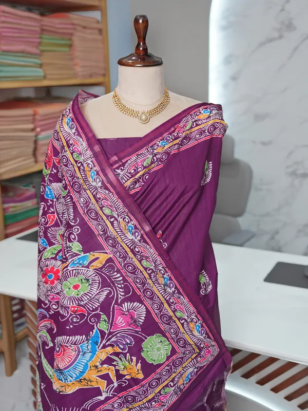 Soft_Tussar_Silk_sarees_with_Beautiful_Digital_Print_With_Attractive_Border_And_Contrast_Print_Blouse_With_Tassels