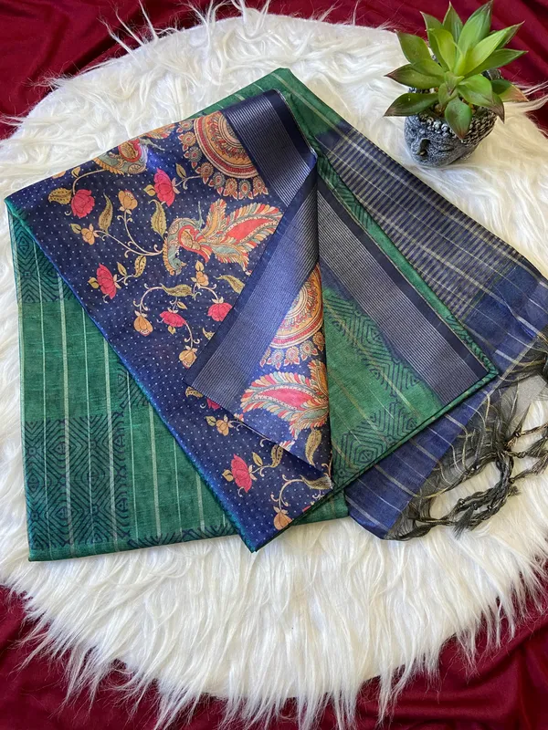Soft_Semi_Tussar_Silk_sarees_with_Beautiful_Digital_Print_With_Attractive_Border_And_Contrast_Print_Blouse_With_Tassels