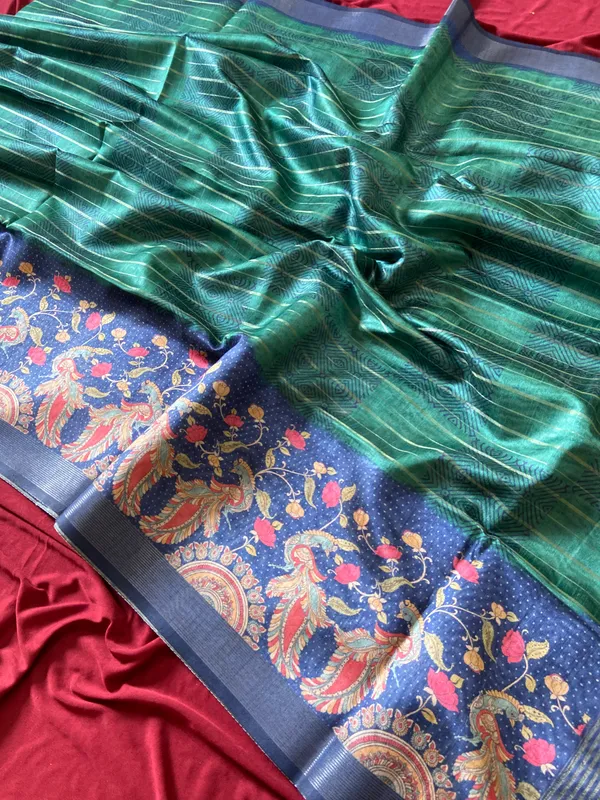 Soft_Semi_Tussar_Silk_sarees_with_Beautiful_Digital_Print_With_Attractive_Border_And_Contrast_Print_Blouse_With_Tassels
