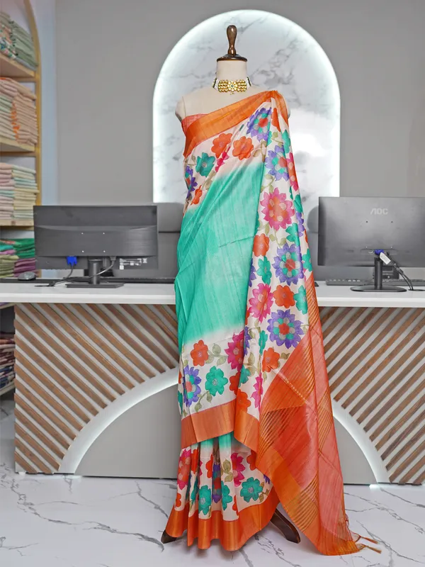 Aashvika_Rama_Green_–_Navratri_Special_|_Soft_Tussar_Silk_Saree_with_Digital_Print,_Border_&_Contrast_Print_Blouse_with_Tassels