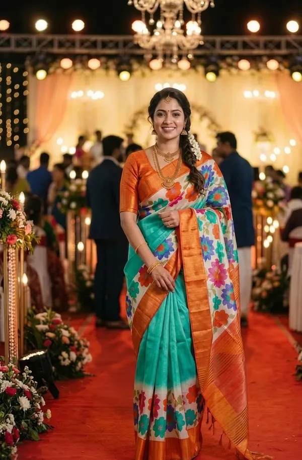 Aashvika_Rama_Green_–_Navratri_Special_|_Soft_Tussar_Silk_Saree_with_Digital_Print,_Border_&_Contrast_Print_Blouse_with_Tassels